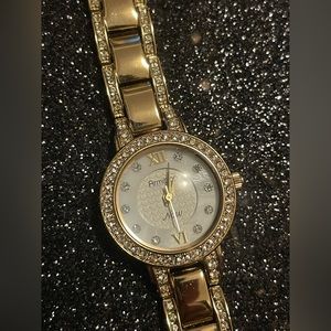 Armitron Now Womens Gold Tone Crystal Accent Pearl Face Analog Quartz Watch